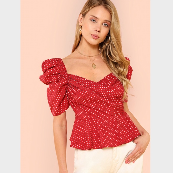 Rouge! Tops - Wrap Front Polka Dot Top Maroon Red Puff Sleeves